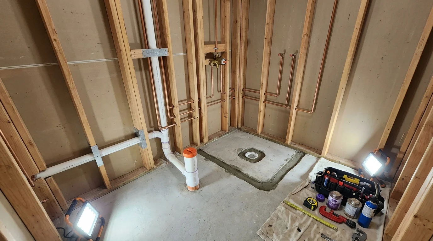 Bathroom rough-in plumbing during remodel by Johns Plumbing LLC in Sellersburg