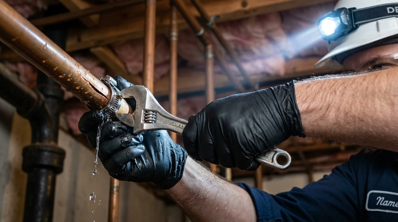 Emergency pipe clamp repair being performed by a Johns Plumbing LLC plumber in Sellersburg