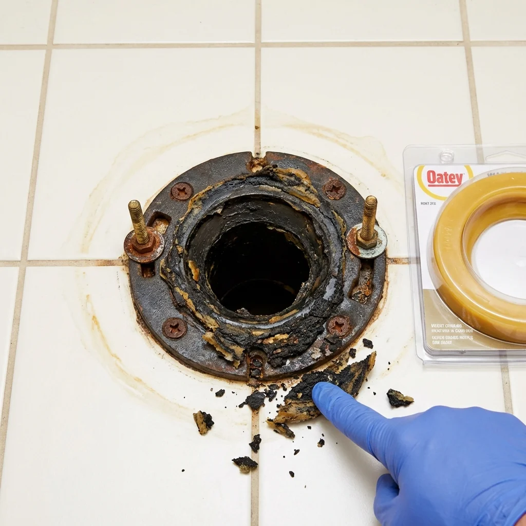 Failed wax ring showing water seepage at the base of a toilet in a Sellersburg, IN home