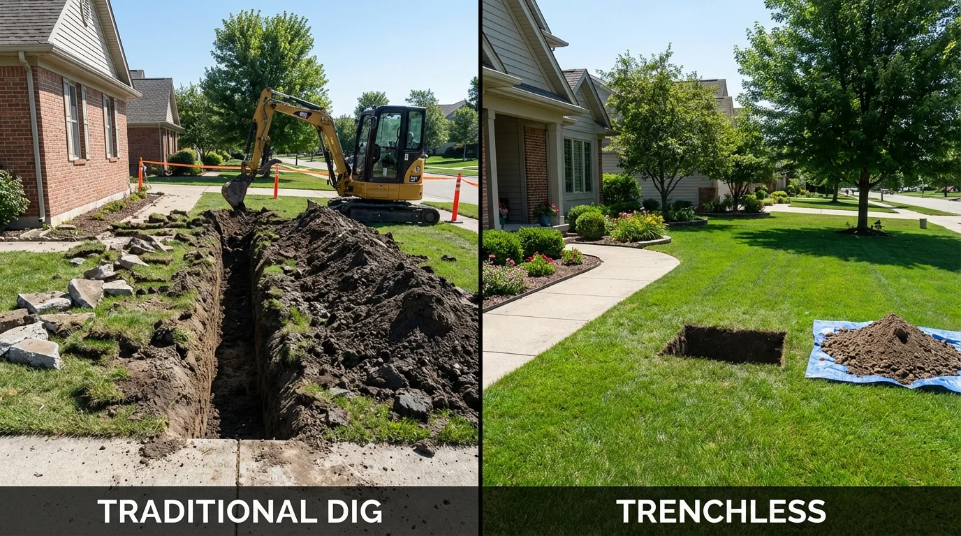 Trenchless sewer repair with minimal yard damage versus traditional excavation in Sellersburg, IN
