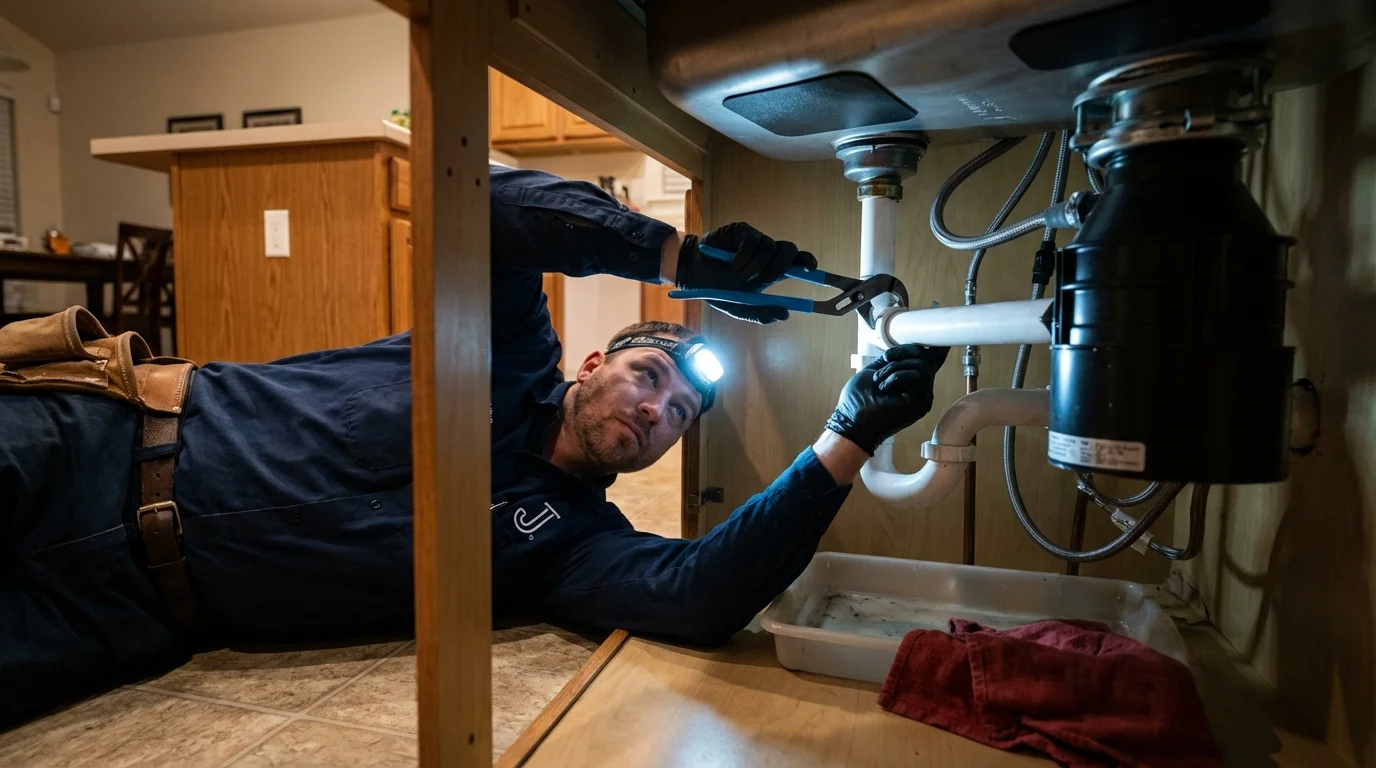 P-trap and supply line connections under a kitchen sink showing a common leak point in Sellersburg, IN